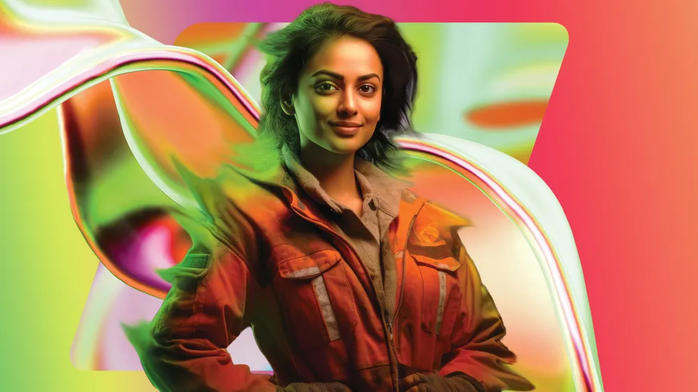 Alt text: A woman with short dark hair in an orange jacket stands confidently against a vibrant, abstract background with flowing shapes in pink, green, and white.