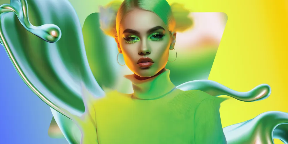 Alt text: A woman with bright blonde hair in a bright neon turtle neck with bright neon makeup confidently against a vibrant, abstract background with flowing shapes in blue, yellow, green and white.