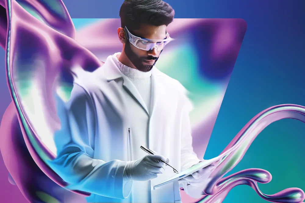 Alt text: A Man with short dark hair in a white lab coat stands confidently against a vibrant, abstract background with flowing shapes in blue, purple, green and white.