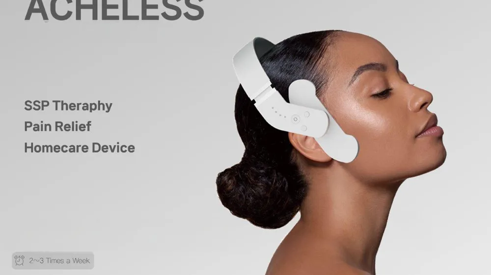 Acheless, a wearable homecare device for SSP therapy and pain relief, featuring a sleek headband design on a woman