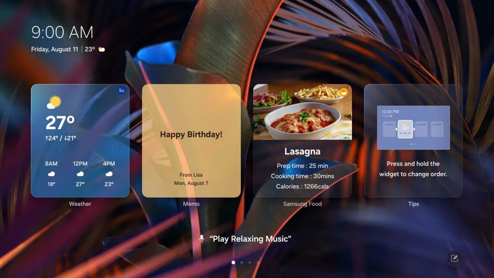 Interactive home screen displaying weather, reminders, food recipes, and tips.