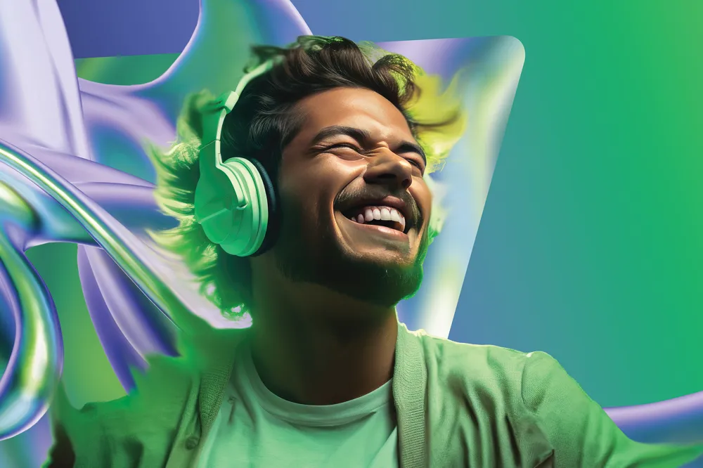 man listening to headphones with green and purple background